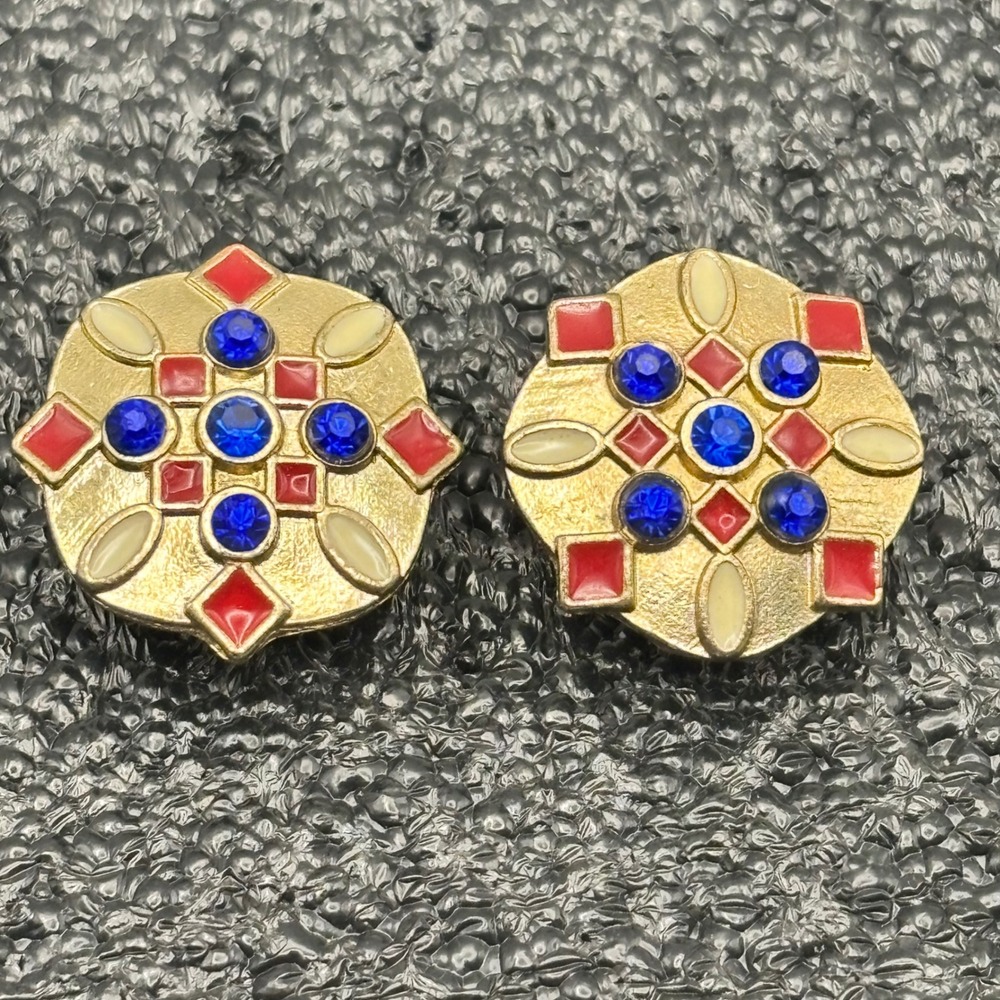 Vintage Gold Tone Enamel Mosaic Gem Earrings Red Blue Floral‎ Post Back 1980s